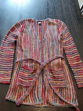 VENUS Multicolor Striped Knit Belted Cardigan in Red, Blue, Yellow, Cream